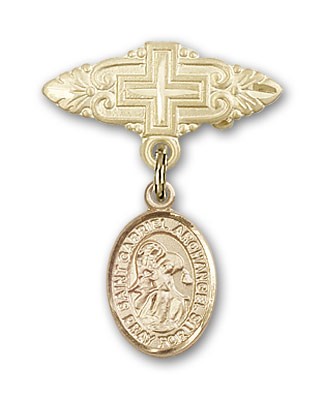 Pin Badge with St. Gabriel the Archangel Charm and Badge Pin with Cross - Gold Tone