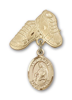 Pin Badge with St. Agnes of Rome Charm and Baby Boots Pin - 14K Solid Gold