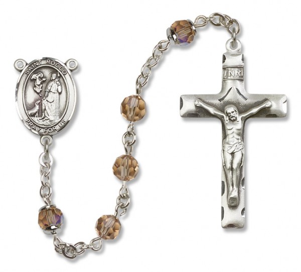 St. Rocco Sterling Silver Heirloom Rosary Squared Crucifix - Topaz