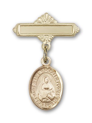 Pin Badge with Marie Magdalen Postel Charm and Polished Engravable Badge Pin - 14K Solid Gold
