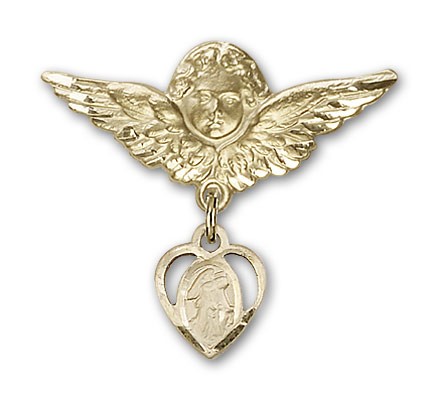 Pin Badge with Guardian Angel Charm and Angel with Larger Wings Badge Pin - 14K Solid Gold