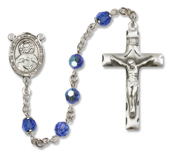 Scapular Sterling Silver Heirloom Rosary Squared Crucifix - Sapphire
