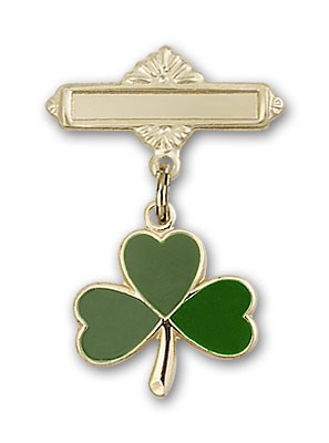 Pin Badge with Shamrock Charm and Polished Engravable Badge Pin - 14K Solid Gold