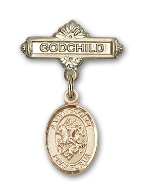 Pin Badge with St. George Charm and Godchild Badge Pin - Gold Tone