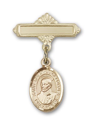 Pin Badge with St. Ignatius Charm and Polished Engravable Badge Pin - 14K Solid Gold