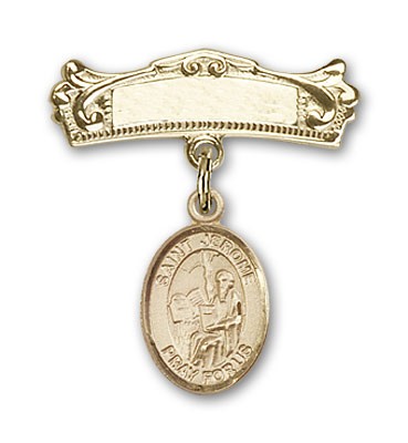 Pin Badge with St. Jerome Charm and Arched Polished Engravable Badge Pin - 14K Solid Gold