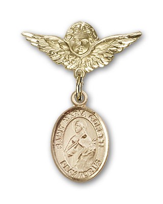 Pin Badge with St. Maria Goretti Charm and Angel with Smaller Wings Badge Pin - 14K Solid Gold