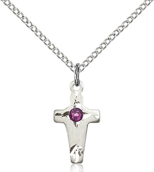 Square Edge Child's Cross Pendant with Birthstone Options - Amethyst