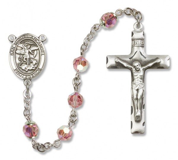 San Miguel the Archangel Sterling Silver Heirloom Rosary Squared Crucifix - Light Rose