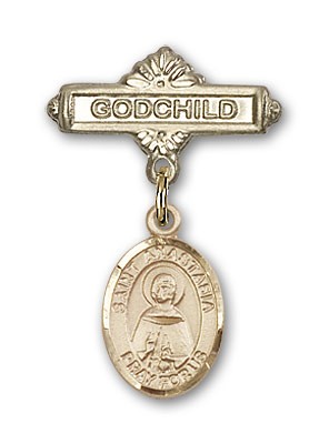 Pin Badge with St. Anastasia Charm and Godchild Badge Pin - 14K Solid Gold