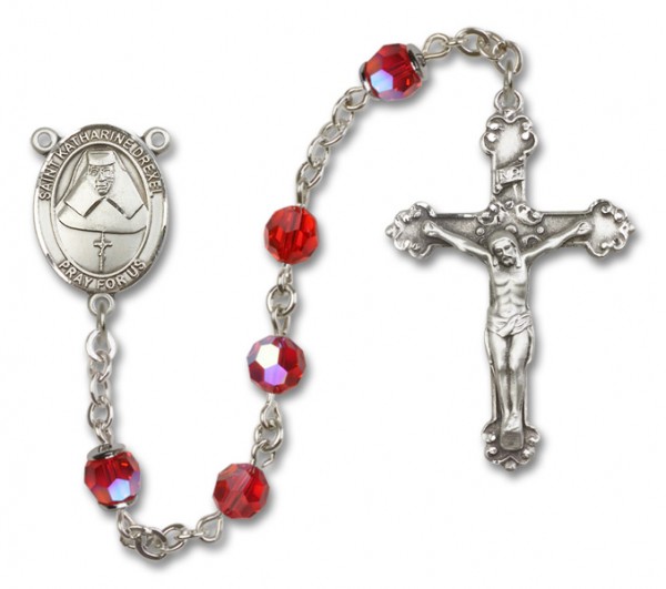 St. Katharine Drexel Sterling Silver Heirloom Rosary Fancy Crucifix - Ruby Red