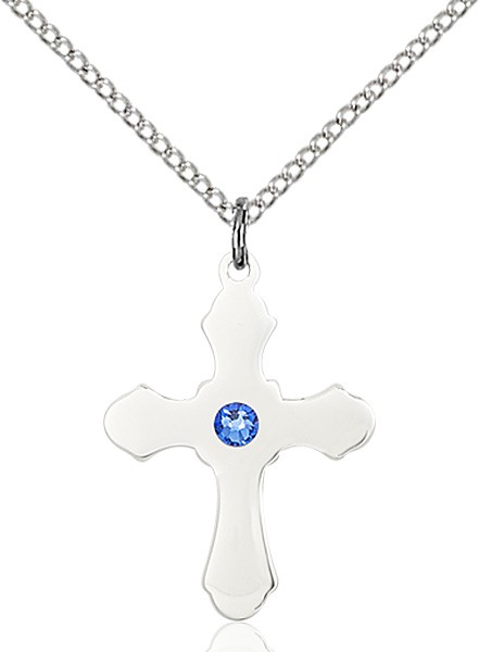 Medium High Polished Soft Edge Cross Pendant with Birthstone Options - Sapphire