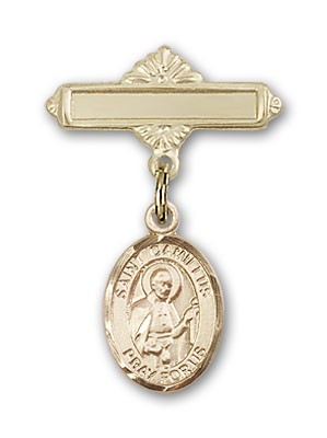 Pin Badge with St. Camillus of Lellis Charm and Polished Engravable Badge Pin - 14K Solid Gold