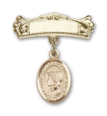 Pin Badge with St. Elizabeth Ann Seton Charm and Arched Polished Engravable Badge Pin - 14K Solid Gold