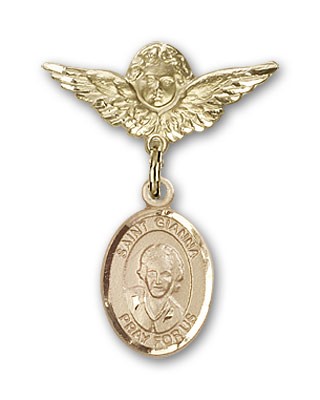 Pin Badge with St. Gianna Beretta Molla Charm and Angel with Smaller Wings Badge Pin - 14K Solid Gold