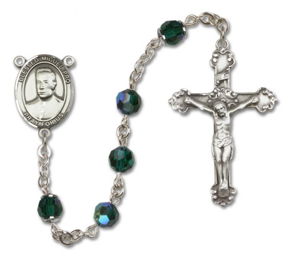Blessed Miguel Pro Sterling Silver Heirloom Rosary Fancy Crucifix - Emerald Green