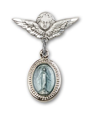 Baby Pin with Blue Miraculous Charm and Angel with Smaller Wings Badge Pin - Silver | Blue