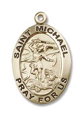 Men's Double Sided Oval St. Michael and Guardian Angel Medal - 14K Solid Gold