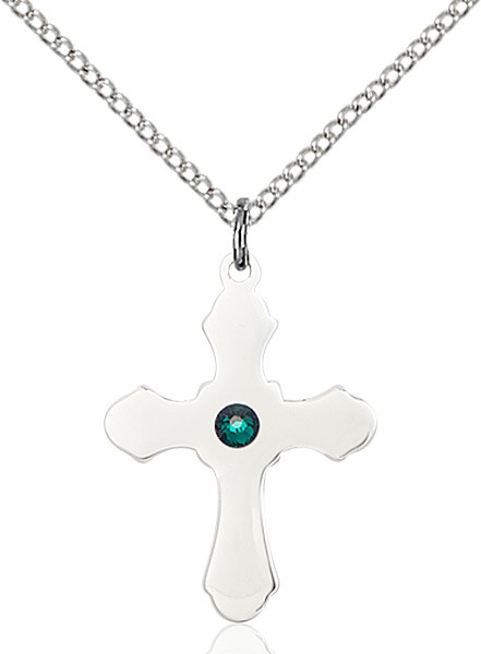 Medium High Polished Soft Edge Cross Pendant with Birthstone Options - Emerald Green