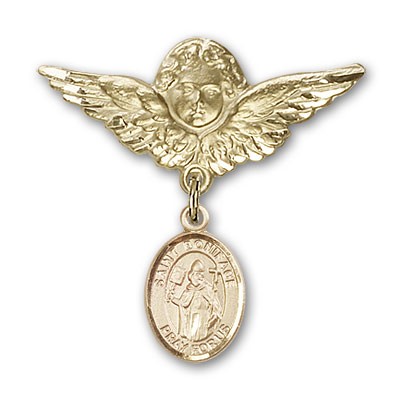 Pin Badge with St. Boniface Charm and Angel with Larger Wings Badge Pin - Gold Tone