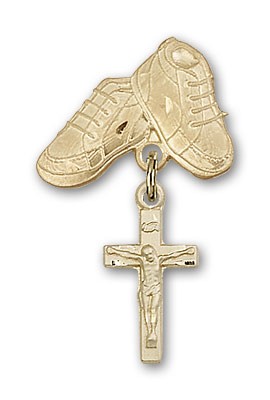 Baby Badge with Crucifix Charm and Baby Boots Pin - Gold Tone