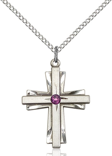 Women's Cross on Cross Pendant with Birthstone Options - Amethyst