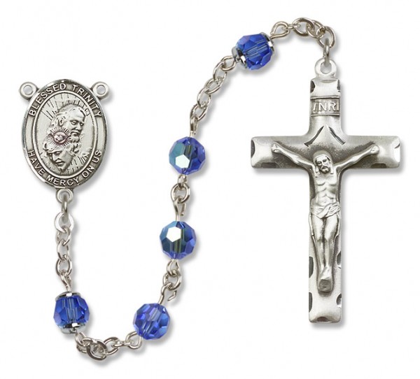 Blessed Trinity Sterling Silver Heirloom Rosary Squared Crucifix - Sapphire
