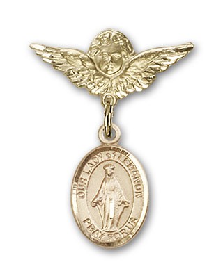 Pin Badge with Our Lady of Lebanon Charm and Angel with Smaller Wings Badge Pin - Gold Tone