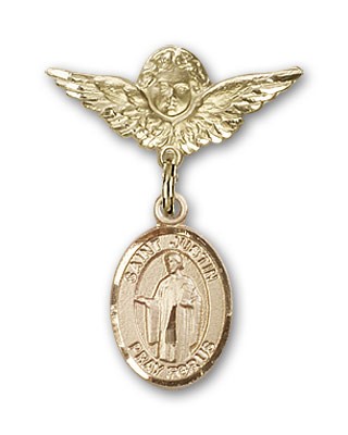 Pin Badge with St. Justin Charm and Angel with Smaller Wings Badge Pin - Gold Tone