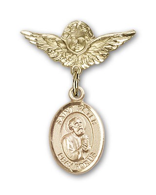 Pin Badge with St. Peter the Apostle Charm and Angel with Smaller Wings Badge Pin - Gold Tone