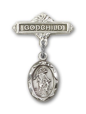 Baby Pin with Guardian Angel Charm and Godchild Badge Pin - Silver tone