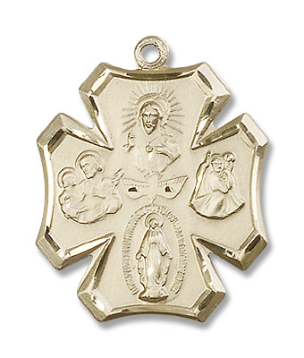 Wide Tip 4-Way Pendant with Descending Dove - 14K Solid Gold