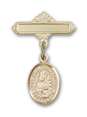 Pin Badge with Our Lady of Prompt Succor Charm and Polished Engravable Badge Pin - Gold Tone