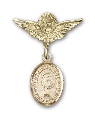 Pin Badge with St. John Baptist de la Salle Charm and Angel with Smaller Wings Badge Pin - Gold Tone