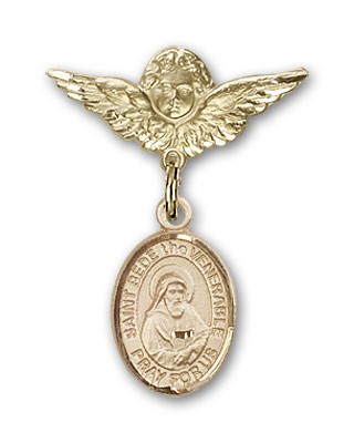 Pin Badge with St. Bede the Venerable Charm and Angel with Smaller Wings Badge Pin - 14K Solid Gold