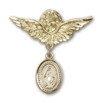 Baby Pin with Miraculous Charm and Angel with Larger Wings Badge Pin - 14K Solid Gold
