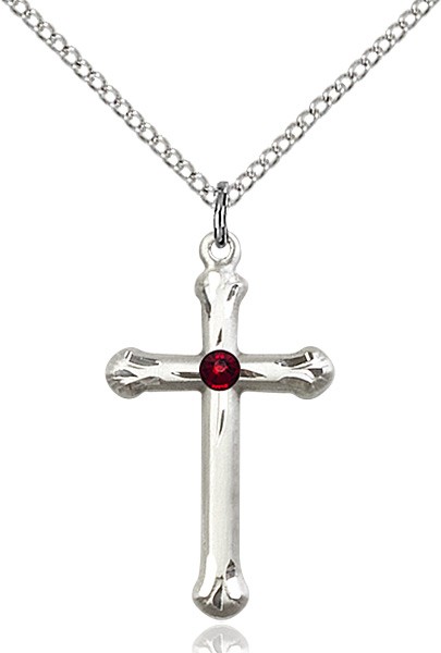 Teardrop Edge Cross Pendant with Birthstone Options - Garnet