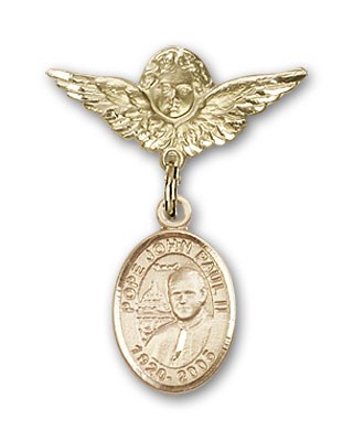 Pin Badge with Pope John Paul II Charm and Angel with Smaller Wings Badge Pin - 14K Solid Gold