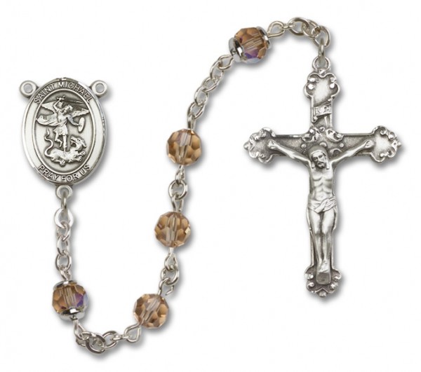 St. Michael the Archangel Sterling Silver Heirloom Rosary Fancy Crucifix - Topaz