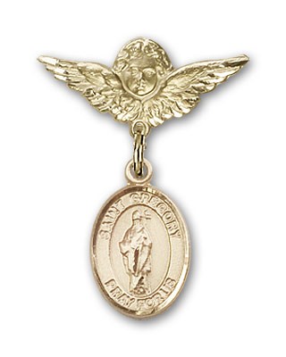 Pin Badge with St. Gregory the Great Charm and Angel with Smaller Wings Badge Pin - 14K Solid Gold
