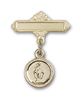 Baby Pin with Miraculous Charm and Polished Engravable Badge Pin - 14K Solid Gold
