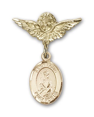 Pin Badge with St. Louis Charm and Angel with Smaller Wings Badge Pin - 14K Solid Gold