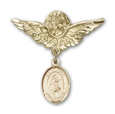 Pin Badge with St. Rita of Cascia Charm and Angel with Larger Wings Badge Pin - Gold Tone