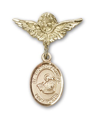 Pin Badge with St. Thomas Aquinas Charm and Angel with Smaller Wings Badge Pin - Gold Tone