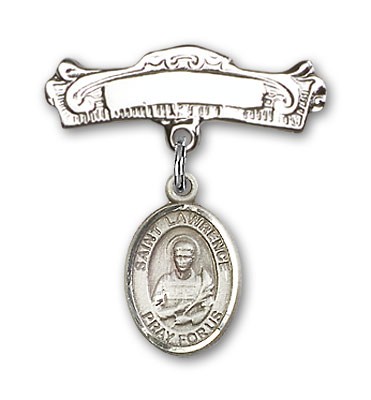 Pin Badge with St. Lawrence Charm and Arched Polished Engravable Badge Pin - Silver tone