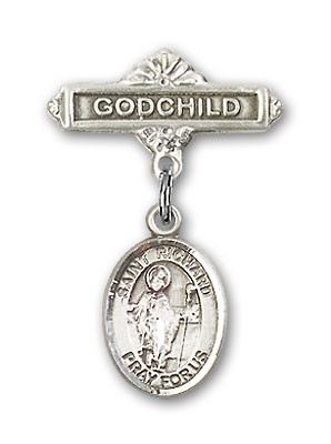 Pin Badge with St. Richard Charm and Godchild Badge Pin - Silver tone