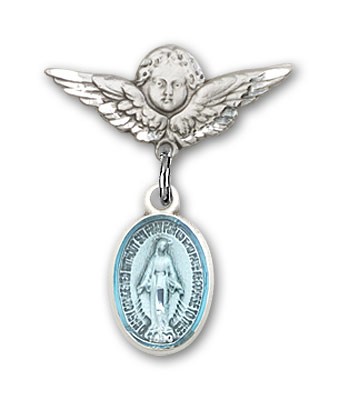 Baby Pin with Miraculous Charm and Angel with Smaller Wings Badge Pin - Silver | Blue