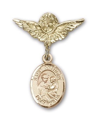 Pin Badge with St. Anthony of Padua Charm and Angel with Smaller Wings Badge Pin - Gold Tone