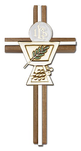 First Communion Chalice and Holy Host Wall Cross in Walnut Wood and Metal Inlay - 6 inch - Two-Tone Silver