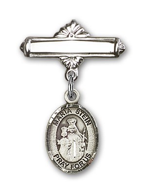 Pin Badge with Maria Stein Charm and Polished Engravable Badge Pin - Silver tone
